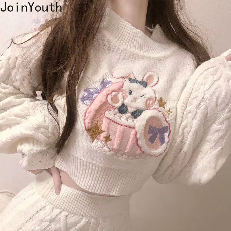 Japanese Fashion Suit Two Piece Set Women Ribbed Cropped Pullovers Bodycon Mini Skirt Ropa Mujer Knitted 2 Piece Set