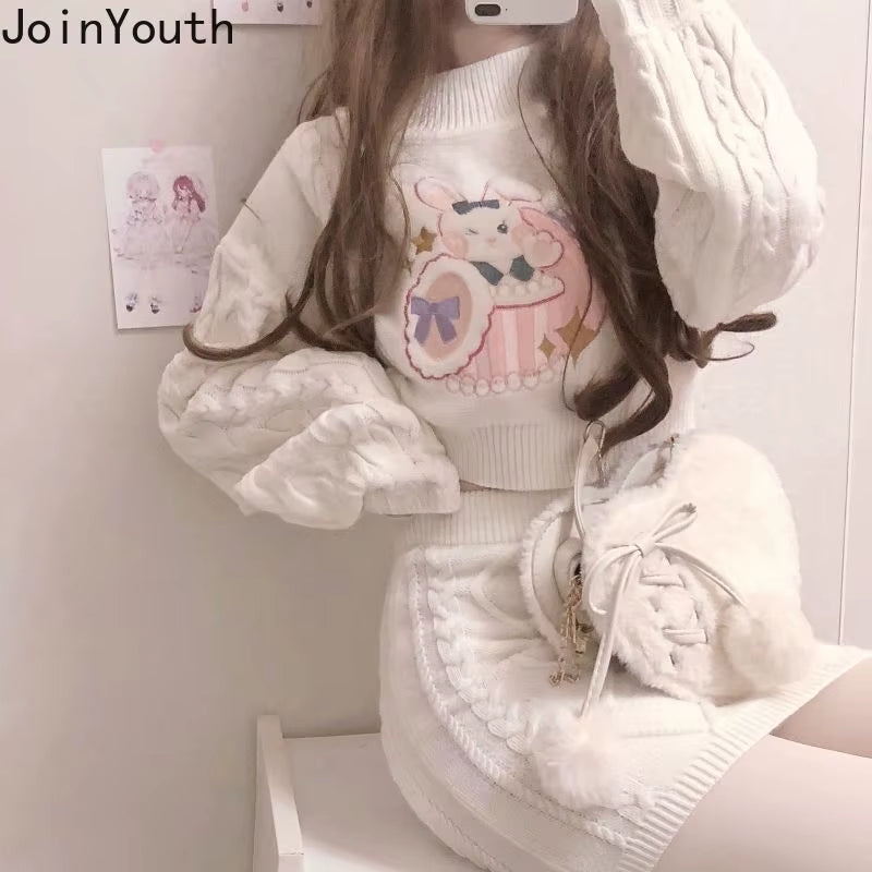 Japanese Fashion Suit Two Piece Set Women Ribbed Cropped Pullovers Bodycon Mini Skirt Ropa Mujer Knitted 2 Piece Set