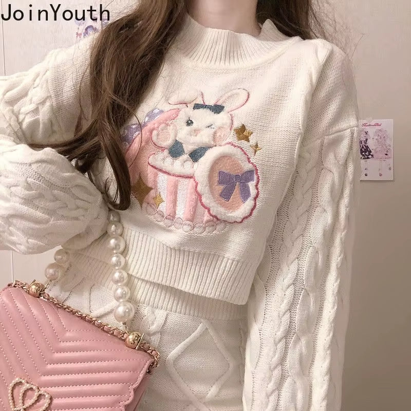 Japanese Fashion Suit Two Piece Set Women Ribbed Cropped Pullovers Bodycon Mini Skirt Ropa Mujer Knitted 2 Piece Set