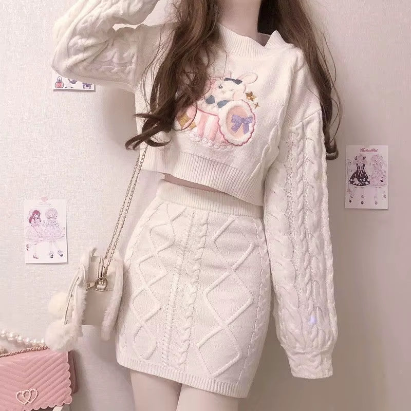 Japanese Fashion Suit Two Piece Set Women Ribbed Cropped Pullovers Bodycon Mini Skirt Ropa Mujer Knitted 2 Piece Set