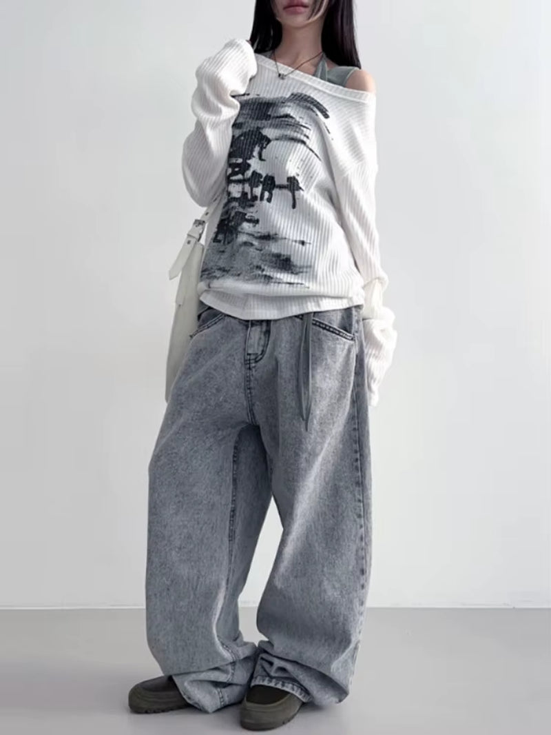 Autumn Harajuku Women Printing Tees Vintage Streetwear Grunge Skew Collar Tops Y2K Aesthetic Loose Casual Hiphop Vintage Tops