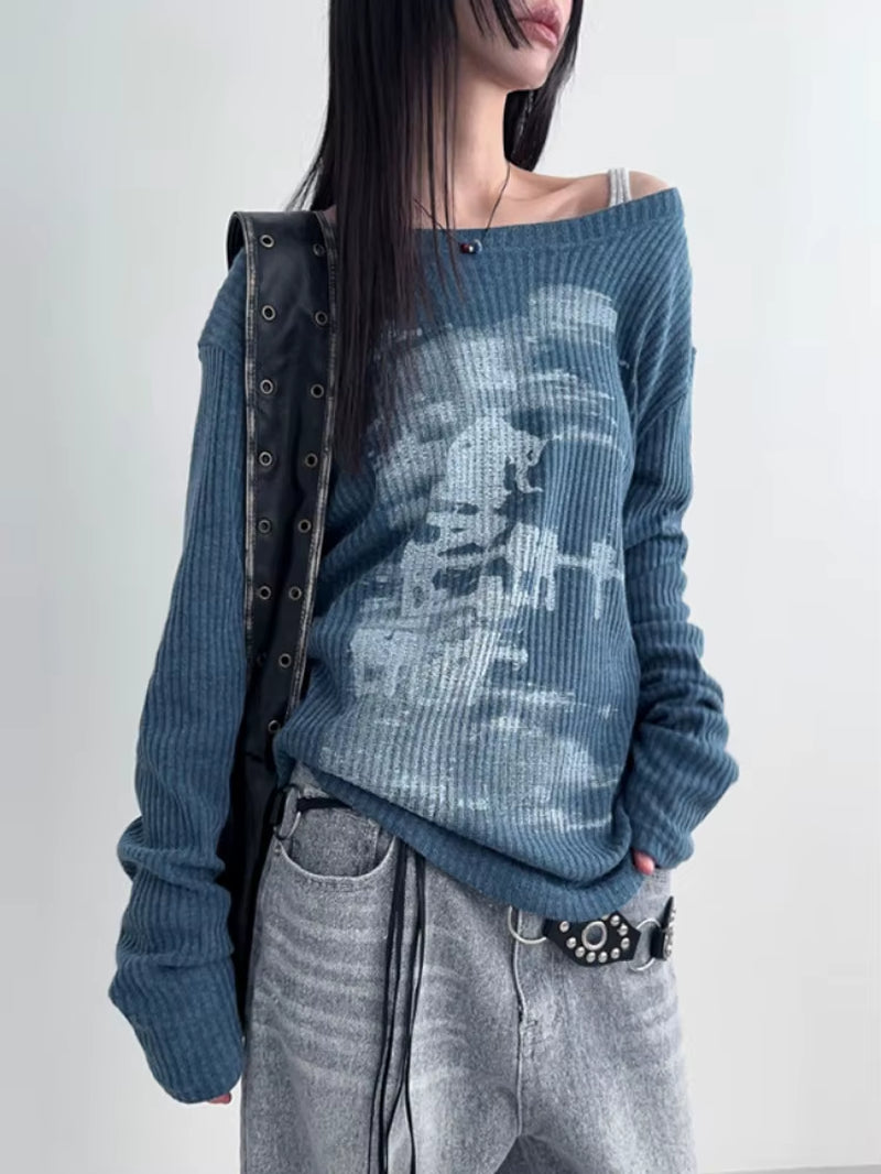 Autumn Harajuku Women Printing Tees Vintage Streetwear Grunge Skew Collar Tops Y2K Aesthetic Loose Casual Hiphop Vintage Tops