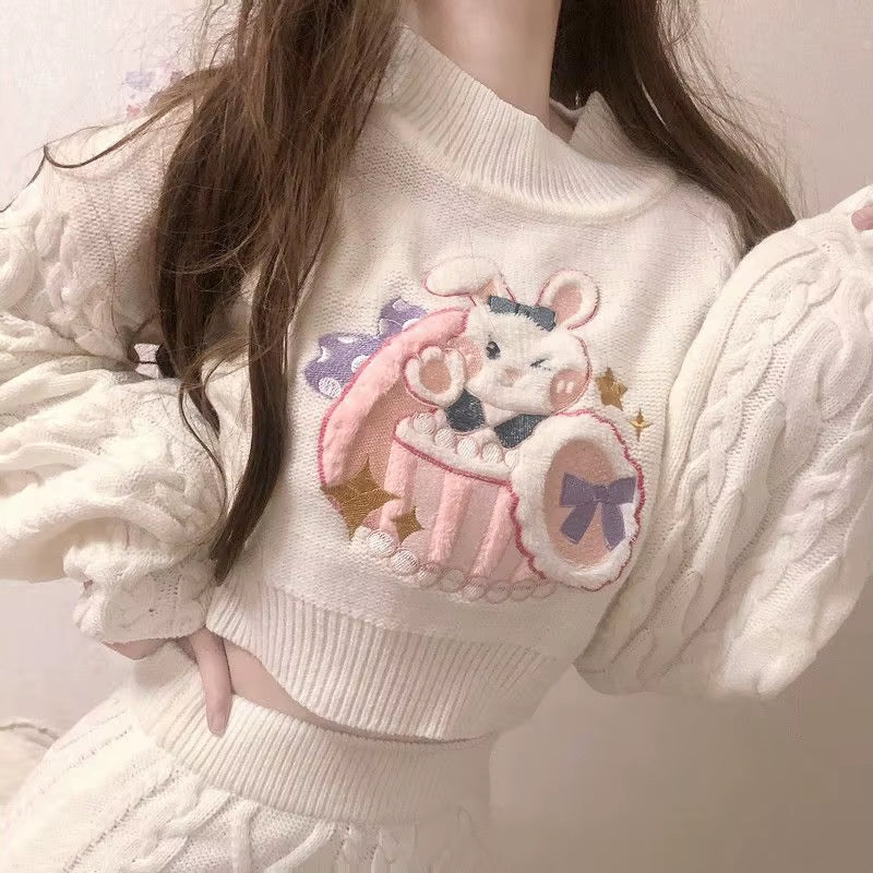 Japanese Fashion Suit Two Piece Set Women Ribbed Cropped Pullovers Bodycon Mini Skirt Ropa Mujer Knitted 2 Piece Set