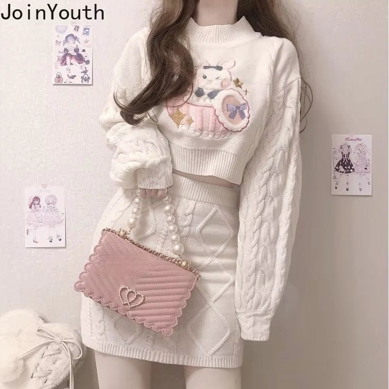 Japanese Fashion Suit Two Piece Set Women Ribbed Cropped Pullovers Bodycon Mini Skirt Ropa Mujer Knitted 2 Piece Set