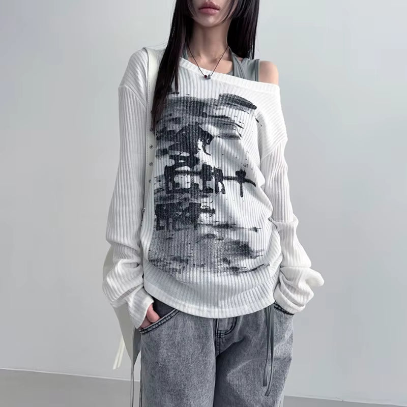 Autumn Harajuku Women Printing Tees Vintage Streetwear Grunge Skew Collar Tops Y2K Aesthetic Loose Casual Hiphop Vintage Tops