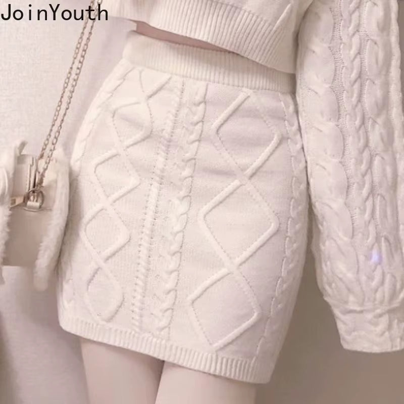 Japanese Fashion Suit Two Piece Set Women Ribbed Cropped Pullovers Bodycon Mini Skirt Ropa Mujer Knitted 2 Piece Set