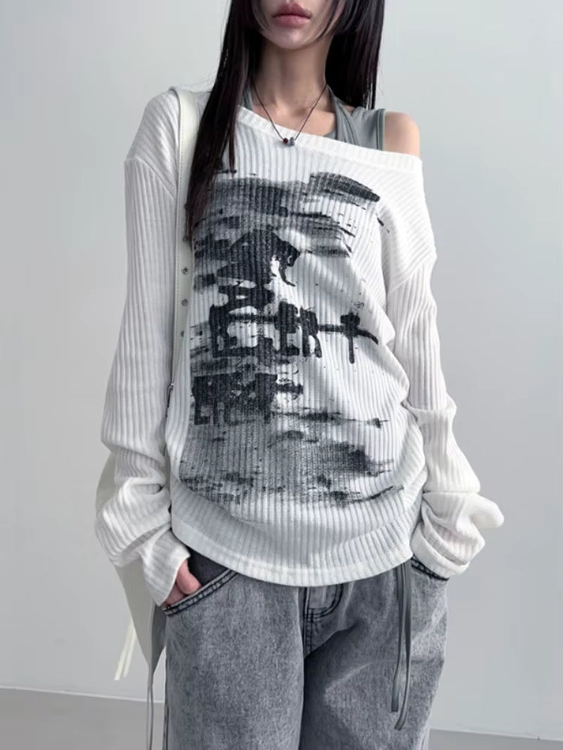 Autumn Harajuku Women Printing Tees Vintage Streetwear Grunge Skew Collar Tops Y2K Aesthetic Loose Casual Hiphop Vintage Tops