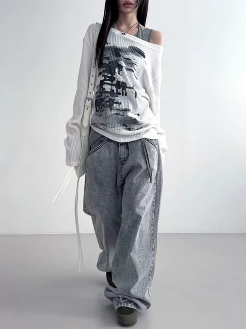 Autumn Harajuku Women Printing Tees Vintage Streetwear Grunge Skew Collar Tops Y2K Aesthetic Loose Casual Hiphop Vintage Tops