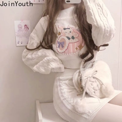 Japanese Fashion Suit Two Piece Set Women Ribbed Cropped Pullovers Bodycon Mini Skirt Ropa Mujer Knitted 2 Piece Set