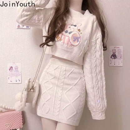 Japanese Fashion Suit Two Piece Set Women Ribbed Cropped Pullovers Bodycon Mini Skirt Ropa Mujer Knitted 2 Piece Set
