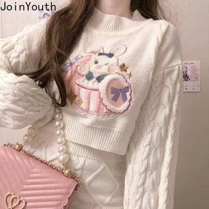 Japanese Fashion Suit Two Piece Set Women Ribbed Cropped Pullovers Bodycon Mini Skirt Ropa Mujer Knitted 2 Piece Set