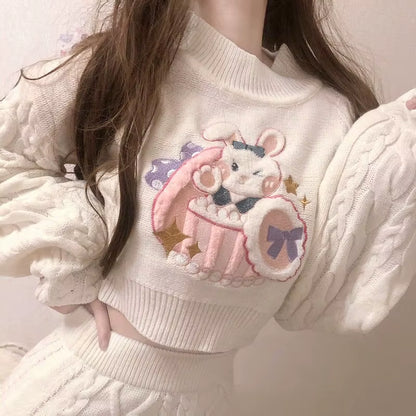 Japanese Fashion Suit Two Piece Set Women Ribbed Cropped Pullovers Bodycon Mini Skirt Ropa Mujer Knitted 2 Piece Set