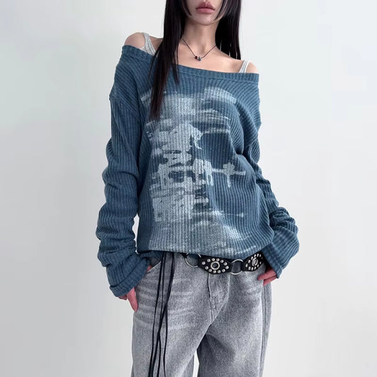 Autumn Harajuku Women Printing Tees Vintage Streetwear Grunge Skew Collar Tops Y2K Aesthetic Loose Casual Hiphop Vintage Tops